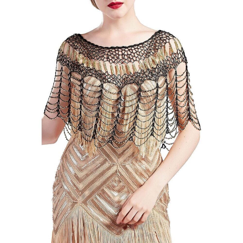 BABEYOND 1920s Black Gold Shawl Wrap Evening Cape Bridal Bolero Flapper Cover